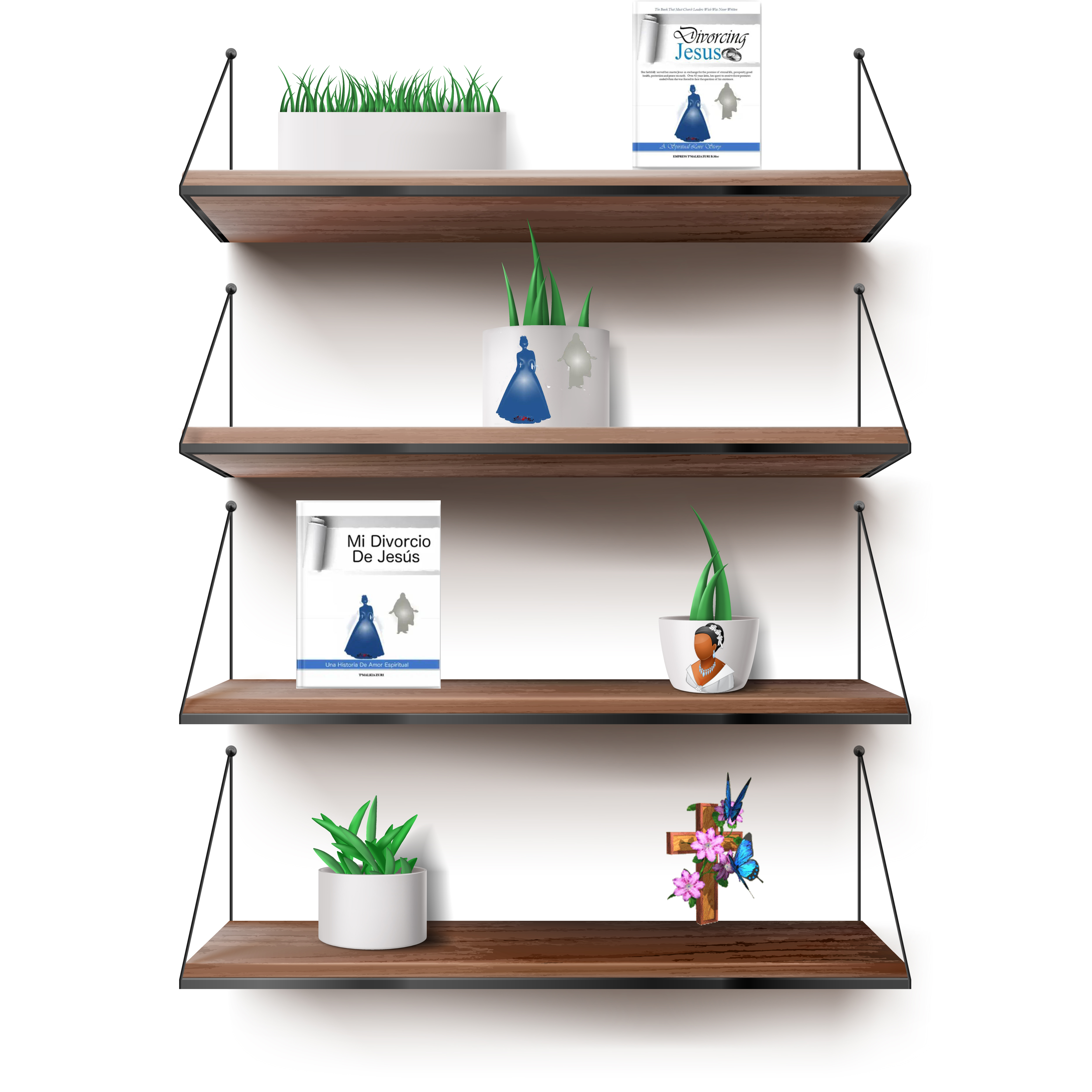 Wooden shelves hanging on ropes with plants in ceramics pots. Front racks on white wall background. Interior design element for room decoration, home ledges furniture, Realistic 3d vector illustration